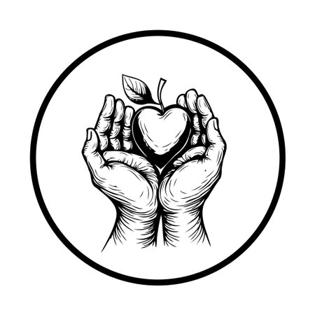 Elegant black and white illustration of hands gently holding a heart shaped apple, symbolizing care, health, and well-being. Represents charity and support.のイラスト素材