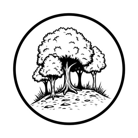 A black and white illustration of trees sitting on a hill within a circle, evokes a sense of peaceful rural scene.のイラスト素材