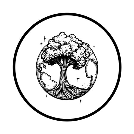 Detailed black and white vector illustration of a tree rooted in an earth globe, symbolizing nature conservation and ecological balance. Perfect for environmental and sustainability-themed designs.のイラスト素材