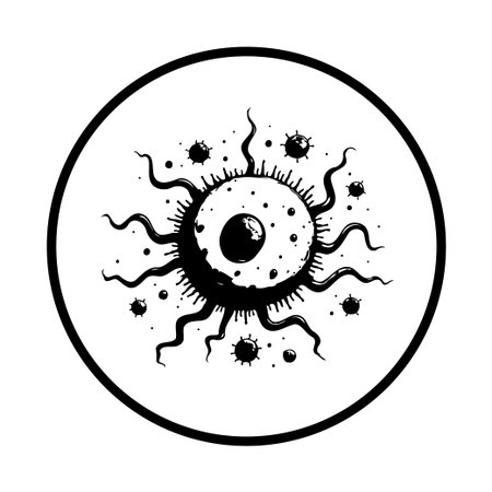 A striking black and white abstract design depicting a virus. Ideal for use in medical illustrations, scientific articles, or health-related projects. The image is artistic and creativeのイラスト素材