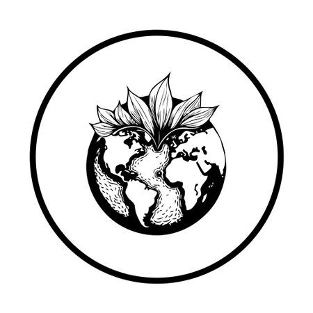 Stylized black and white illustration featuring a globe with foliage sprouting from it. Symbolizing environmental growth, sustainability, and ecological awareness, ideal for conveying nature.のイラスト素材