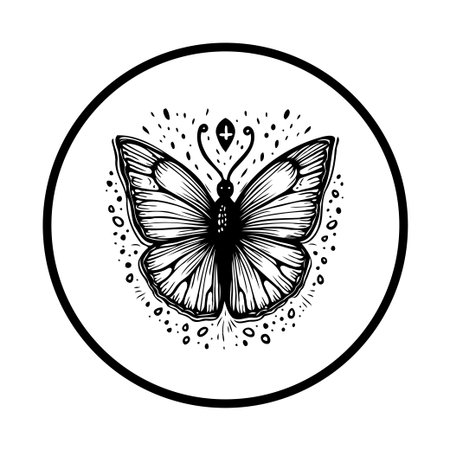 This black and white image features a detailed butterfly drawing within a circle, perfect for artistic projects. The intricate wing patterns and delicate antenna create an elegant and vintage feel.のイラスト素材