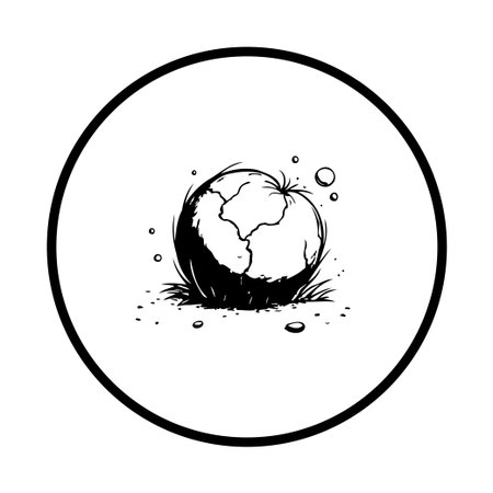 A monochrome illustration of the earth globe, stylized with landmasses, encircled by dark grass, presented within a circular frame representing environmental concerns.のイラスト素材