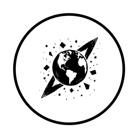 A minimalist illustration of the Earth within a circular frame, styled in black and white, surrounded by cosmic elements. The image is abstract, representing global connectivity.のイラスト素材
