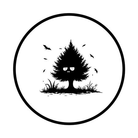 A black and white minimalist illustration featuring a spooky tree with a face and bats, perfect for Halloween decorations and designs.のイラスト素材