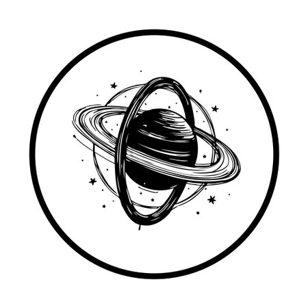A hand-drawn sketch depicts Saturn, gracefully encircled by its iconic rings and accompanied by twinkling stars, set against a clean white backdrop within a black circular frame, symbolizing cosmic wonder.のイラスト素材
