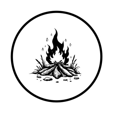 A graphic illustration of a campfire with blazing flames, logs, and scattered stones on the ground. Ideal for representing outdoor adventures and camping experiences.のイラスト素材