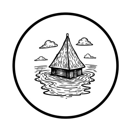 Illustration of a traditional house on water, surrounded by clouds inside a circle design, creating a cultural and serene representation.のイラスト素材