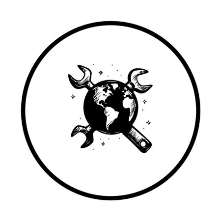 A symbolic representation of global technical support and maintenance services, featuring a globe and wrench within a circular frame emphasizing worldwide solutions.のイラスト素材