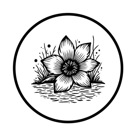 A minimalist illustration depicts a flower in black and white, showcasing its delicate petals and simple botanical elegance. The design is both serene and organic.のイラスト素材