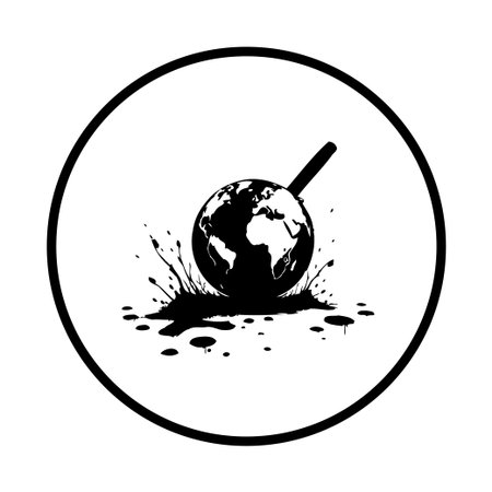 A black and white illustration shows a world globe being struck with a pestle, creating an impact effect symbolizing global issues.のイラスト素材