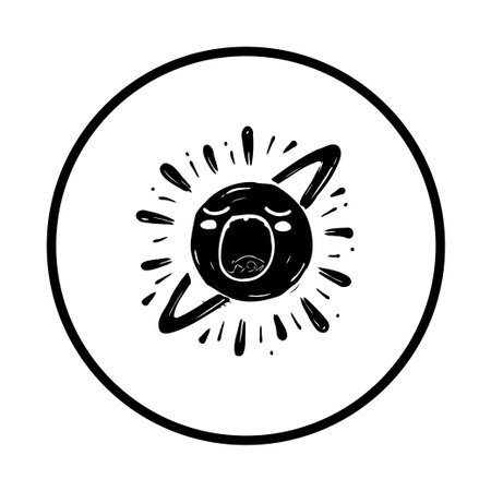 Black and white illustration of a cute sun character yawning, inside a circle frame, indicating tiredness or sleepiness. Perfect for bedtime or morning themes.のイラスト素材