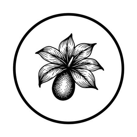 A captivating botanical illustration features a unique flower and fruit design, elegantly contained within a circular frame. The image showcases stylized natural elements with artistic flair.のイラスト素材