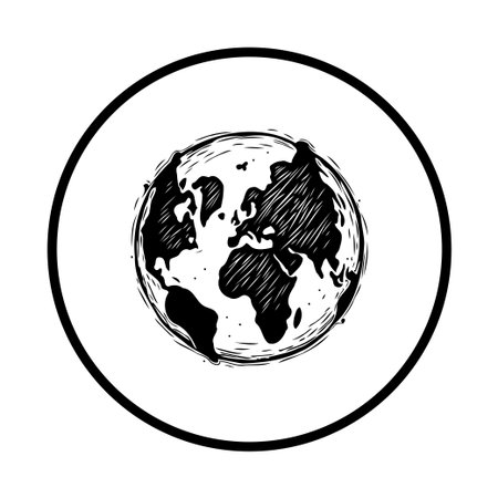 A simple black and white illustration of the Earth in a circular frame. The continents are depicted with a sketched, textured style, giving the image a handmade feel.のイラスト素材