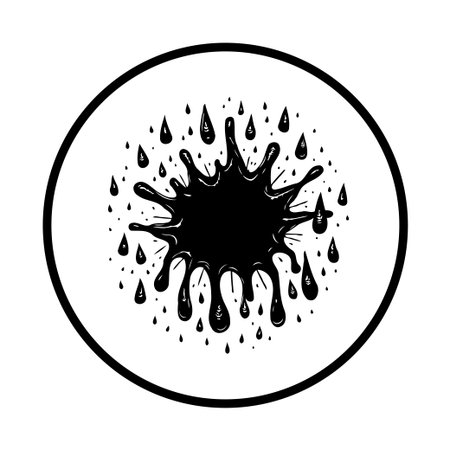A striking black and white design showcases a central ink splash surrounded by falling droplets, all contained within a neat circular frame. The minimalist aesthetic makes it ideal for various design projects.のイラスト素材