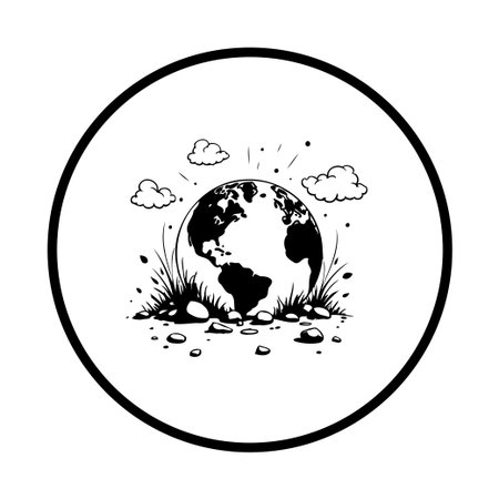 A stylized earth globe icon showing land masses, surrounded by grass, rocks, and clouds, symbolizing environmental conservation and ecological awareness.のイラスト素材