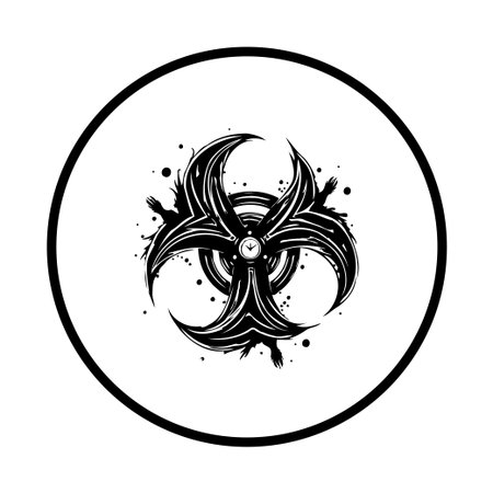 A black and white vector illustration depicts a biohazard symbol inside a circle frame, symbolizing danger and caution. The image can represent topics like health crises, science, and environmental risks.のイラスト素材
