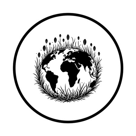 A monochrome illustration showing the Earth encircled by grass and reeds, symbolizing environmental protection and sustainable practices.のイラスト素材