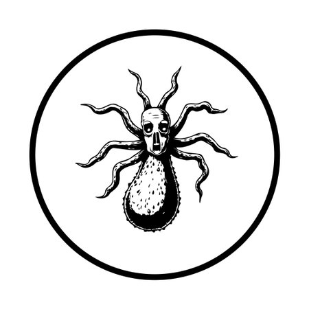 Intricate black and white drawing of an arachnid skull design, expressing symbolism and artistic...