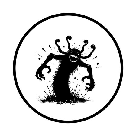 A stylized silhouette illustration of a monster-like creature with tentacles and a menacing grin stands within a circular frame, creating a spooky and eye-catching graphic element.のイラスト素材