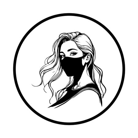 The illustration depicts a woman wearing a protective face mask, symbolizing safety and health during the pandemic, highlighting a new normal and personal responsibility.のイラスト素材