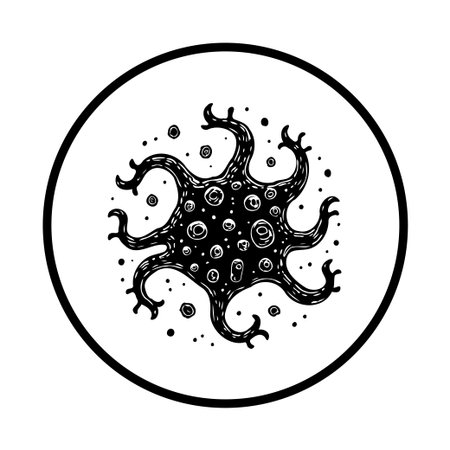 A detailed black and white illustration depicting a microorganism within a circular frame, ideal for scientific or medical contexts. It can be used to show the concept of microbiology.のイラスト素材