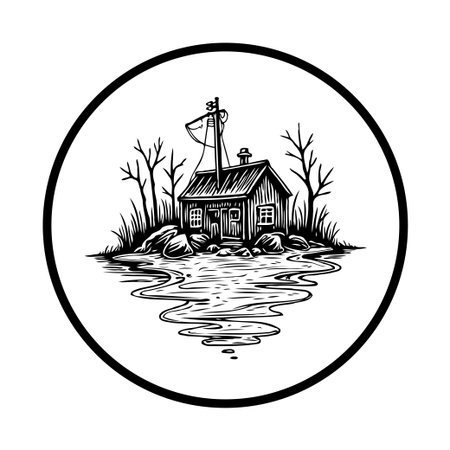 An artistic monochrome illustration of a solitary cabin nestled on a small island surrounded by calm water, evoking a sense of peace and escape.のイラスト素材