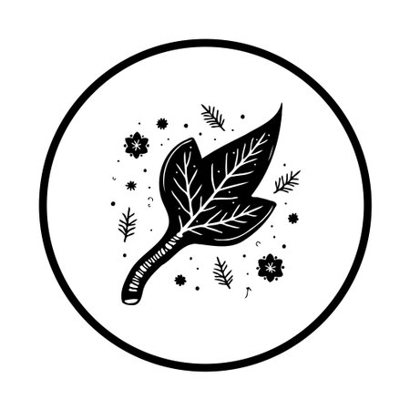 A minimalist illustration of a leaf surrounded by floral elements. The black and white vector design is clean and modern, making it suitable for various design projects.のイラスト素材
