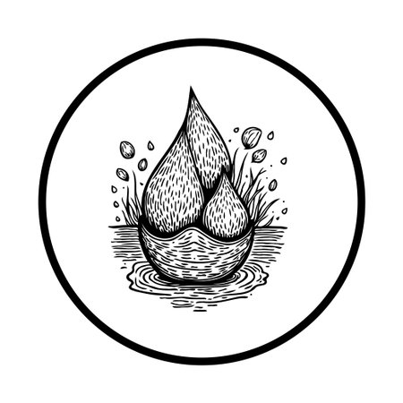 Detailed sketch illustration of water drops symbolizing environmental conservation. Black and white drawing showcasing water as a precious ecological resource.のイラスト素材