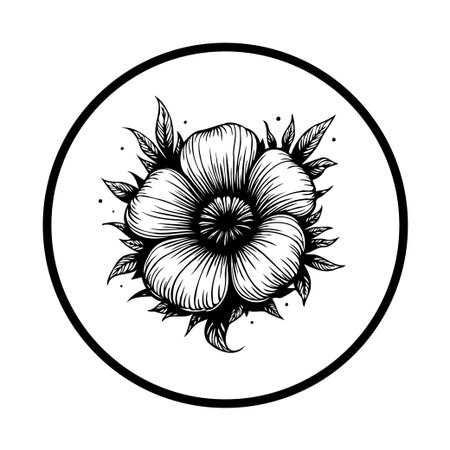 Monochrome floral illustration featuring a detailed flower with surrounding leaves, encompassed in a circular frame, ideal for artistic designs.のイラスト素材