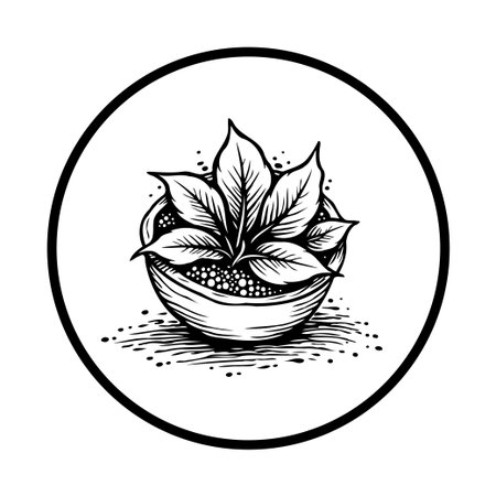 Minimalist illustration featuring stylized leaves in a bowl, enclosed in a circular frame. This serene design captures nature's beauty with elegant simplicity. Ideal for adding a touch of organic charm to any project.のイラスト素材