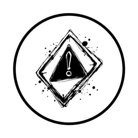 A grunge-style illustration of a warning sign. The image features an exclamation point inside a diamond shape, encircled by a black border. The drawing is isolated on a white background.のイラスト素材