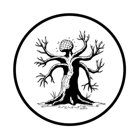 A stylized illustration depicts a tree with multiple branches reaching out like arms, set against a white backdrop within a circular frame, creating an eerie and whimsical aesthetic suitable for halloween-themed designs.のイラスト素材