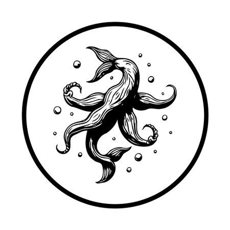 A black and white illustration showcases an aquatic fantasy creature with octopus-like tentacles inside a circle. The design features details of swirling and unique patterns, evoking a sense of mystery.のイラスト素材