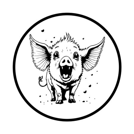 A cheerful cartoon pig illustration showcases a funny and adorable animal character with big ears and an open mouth. Its playful posture and cute curly tail enhance the overall cheerful design, making it perfect for various creative projects.のイラスト素材