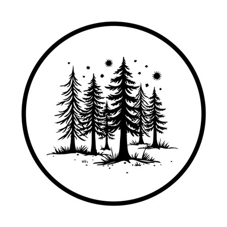 A monochrome emblem features a forest of pine trees within a black circle, capturing nature's essence with minimalist beauty, perfect for design projects or branding.のイラスト素材