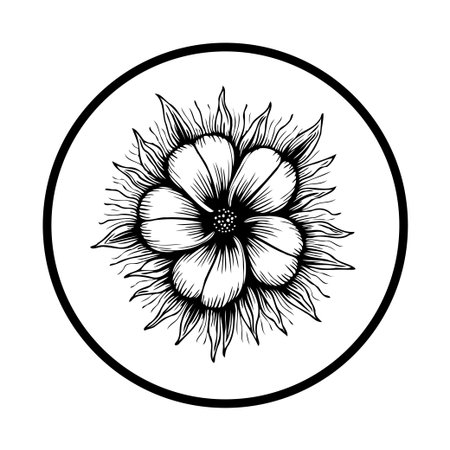 A beautifully hand-drawn flower illustration, framed within a circle, showcases delicate petals and radiating foliage. This elegant botanical art piece captures the essence of nature's beauty.のイラスト素材