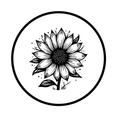 A black and white illustration of a sunflower within a circular frame. This design is versatile and suitable for various creative applications.のイラスト素材