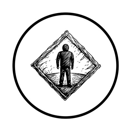 A black and white illustration shows a solitary figure standing within a diamond frame, creating an abstract, graphic symbol. The minimalist design is impactful, conveying isolation and existential themes.のイラスト素材