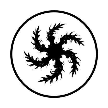 An abstract black and white design features a spiraling floral motif with sharp leaves inside a circular frame, ideal for decorative or creative applications.のイラスト素材