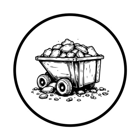 A detailed monochrome illustration showcases a mine cart filled with rocks. The image captures the essence of the mining industry. Ideal for industrial themes.のイラスト素材