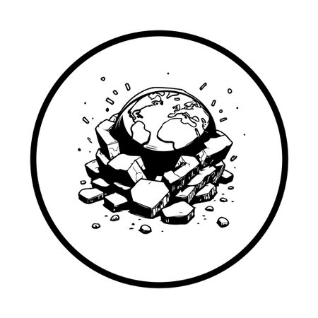A monochrome illustration shows an earth globe carefully placed on a pile of jagged rocks and...