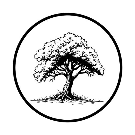 A black and white vector illustration of a tree within a circle, symbolizing nature, growth, and strength, suitable for eco-friendly designs.のイラスト素材