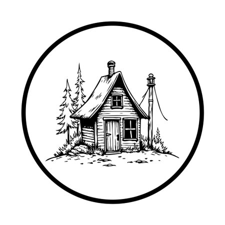 A hand-drawn illustration of a quaint cabin nestled in nature, evoking a sense of tranquility and escape to the countryside. Perfect for designs seeking a rustic and peaceful touch.のイラスト素材
