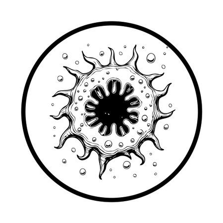 This is a detailed vector illustration of a virus or microorganism in black and white. It can be used for scientific purposes to symbolize disease and infection.のイラスト素材