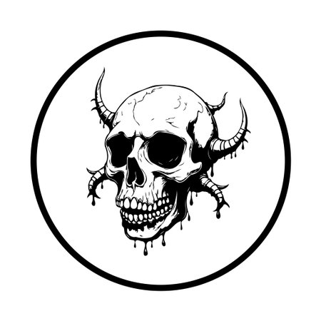 Detailed black and white illustration of a skull adorned with horns within a circle. Ideal for dark themes, gothic designs, and edgy artwork.のイラスト素材
