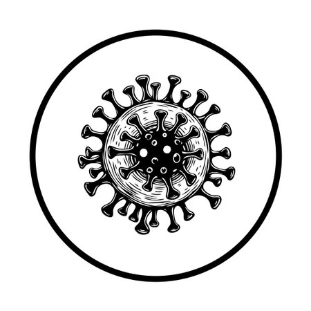 Monochrome vector drawing of the novel coronavirus, featuring engraved textures. The illustration symbolizes a global health crisis, disease, and the ongoing pandemic.のイラスト素材