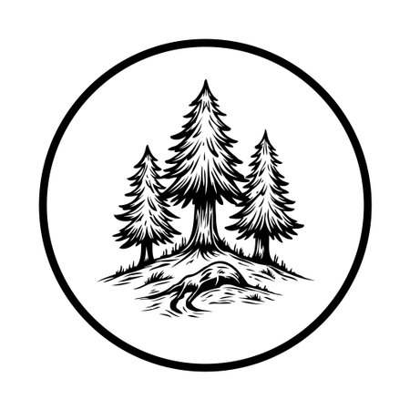 A black and white graphic illustration features three evergreen trees situated on a small hill, with a winding path in the foreground, all enclosed within a circle.のイラスト素材