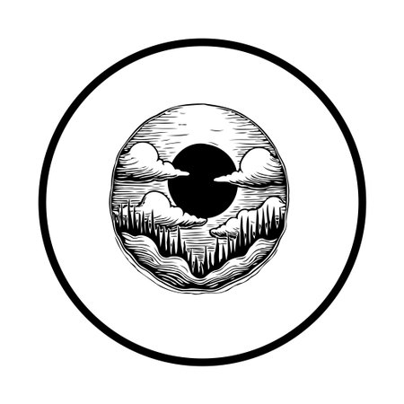 A striking monochrome landscape artwork encapsulated within a circle, creating a sense of cosmic beauty and tranquil ambience. The image captures nature's serene essence with detailed artistry.のイラスト素材