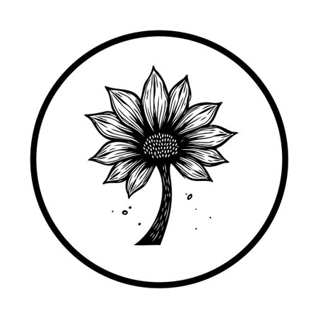 A minimalist and elegant black and white illustration featuring a stylized flower inside a circular frame, ideal for botanical designs, logos, or decorative elements.のイラスト素材